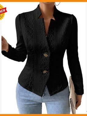 Jacquard Knit Blazer Jacket Slim Fit V-Neck Petite Work Coat